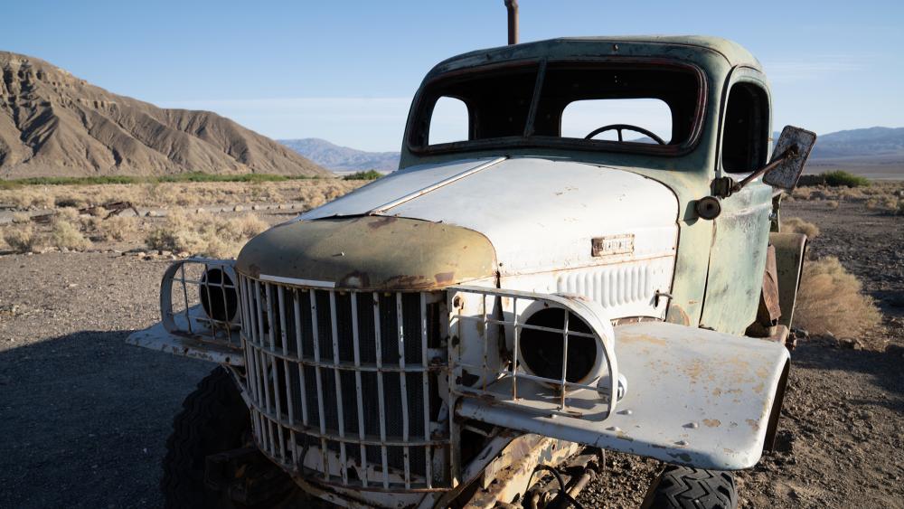 An abandoned 1942 Dodge Power truck said to be driven by the Manson Family in Ballarat, California, USA