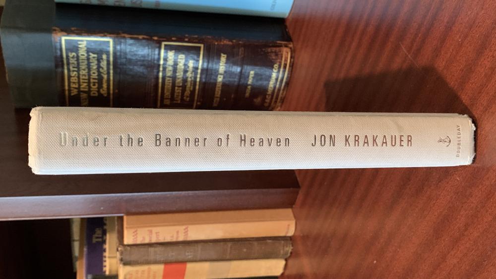 A hardback copy of 'Under the Banner of Heaven' by Jon Krakauer