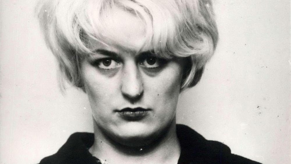 Black and white police mugshot of Myra Hindley