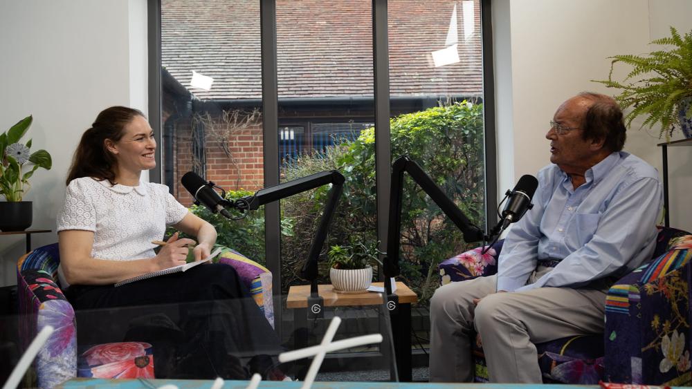 Fred Dinenage and Hayley Rhodes on the set of their podcast