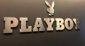Playboy bunny and logo on a wall by the company's headquarters