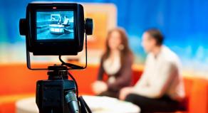 A camera focuses on a talk show TV set66408646 