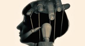 Marionette in woman head, black and white