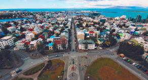 A drone shot of Reykjavík, the capital city of Iceland