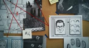 Detective board with fingerprints, crime scene photos and red threads,