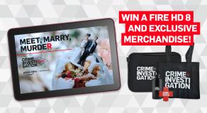 A graphic of a Fire HD 8 Plum tablet, alongside a composite photograph of Crime+Investigation branded merchandise.