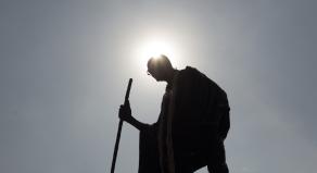 A photograph of a Mahatma Gandhi statue.