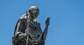 A photograph of a statue of Mahatma Gandhi 