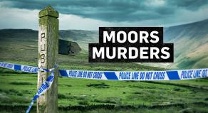 A composite graphic of police tape wrapped around a footpath signpost. There is a background photo of Saddleworth Moor and text reading ' Moors Murders