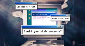 A stock photograph showing a chatroom transcript and an old desktop PC