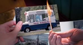 A stock image of an ice cream van and a person holding a lit match