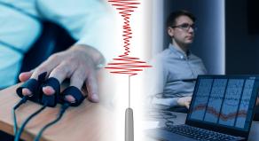 Left: A close up of a man's fingers strapped into a polygraph test, right, a wide photograph of a man undertaking a lie detector test