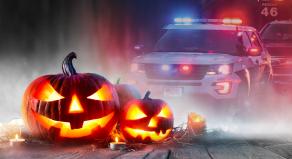 Halloween pumpkins with a smoke background and a US police car photo montage