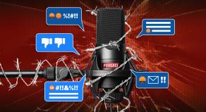 A stock image graphic of a microphone surrounded by hate messages and angry emojis