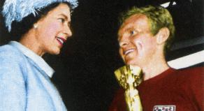 Queen Elizabeth II presenting the World Cup trophy to Bobby Moore