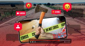 A stock recreated image of a smartphone, social media icons, and a hand wielding a hatchet