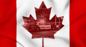A graphic showing the National Flag of Canada with a crime scene within the maple leaf