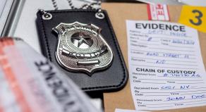 A police badge next to an evidence bag