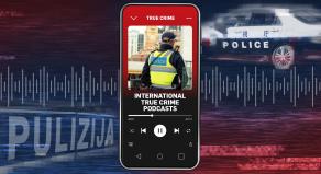 A smartphone playing a podcast with the title 'International true crime podcasts'