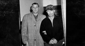 Waushara County Sheriff Art Schley (left) escorts Edward Gein (right) into Central State Hospital on the 23rd November,1957, in Milwaukee, USA.