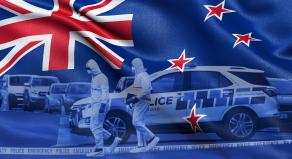 An edited image showing the New Zealand flag and a New Zealand police car