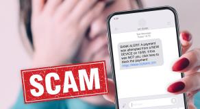 A digitally edited graphic showing a person holding a phone with a scam text message on display