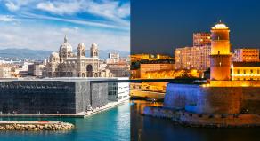 Vieux port in Marseille, France shown during both the day and night