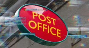 A digitally edited photo of a Post Office sign with glitch effects