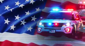 An edited image showing the Flag of the United States and a US police car