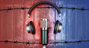 A graphic showing headphones and a microphone in front of a prison cell