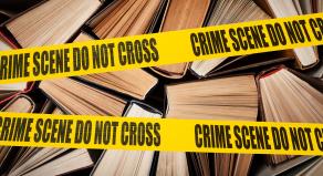 A graphic showing police tape and books