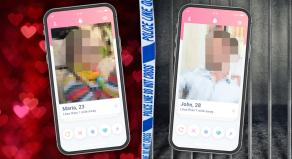 Two mobile phones with dating apps, a heart background and a prison cell background