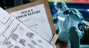 An image of a Police Error Report and a forensic scientist at a crime scene