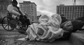 Two homeless men on the streets of Detroit, Michigan