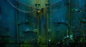 An ominous shipping container with a padlock across the front