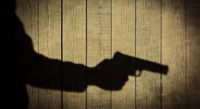 Shadow of a hand holding a gun against a wood-panelled wall