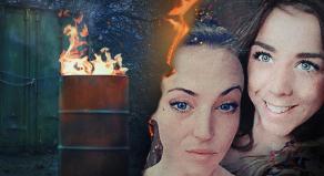 A burning oil drum and a locked shipping container | Leah Ware (L) and Alex Morgan (R)