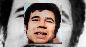 A photo of Fred West imposed over a larger black and white photo
