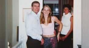 The infamous photo of Prince Andrew with his arm round Virginia Giuffre (c) and Ghislaine Maxwell standing in the background