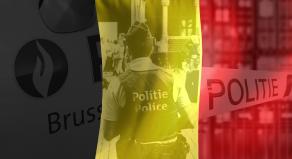 The Belgian flag overlayed with images of a Belgian police vehicle, officer and tape