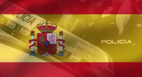 The Spanish flag is overlayed with images of a Spanish police vehicle and officer