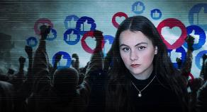 Mollie Westbrook in front of 'like' and 'heart' symbols
