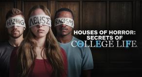 The young adults wear blindfolds that have 'HAZING', 'ABUSE' and 'RACISM' written on them, stylised using Greek lettering