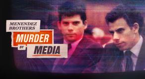 'MENENDEZ BROTHERS: MURDER BY MEDIA' spelled out using newspaper headlines. On the right is an image of the Menendez Brothers in court