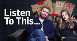 'Listen To This...' - Jack Taylor and Charley Bourne sitting on a sofa surrounded by crime files