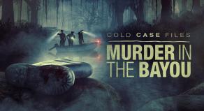 'COLD CASE FILES: MURDER IN THE BAYOU' - Police officers on a small boat search a swampy lake with flashlights. A discarded boot rests on a rock in the foreground