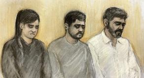 Courtroom sketch of (left to right) Sara Sharif's stepmother Beinash Batool, uncle Faisal Malik and father Urfan Sharif