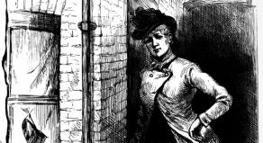 1888 illustration of Mary Jane Kelly standing in an alleyway