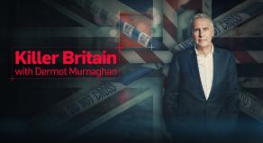'Killer Britain with Dermot Murnaghan' - Dermot Murnaghan standing in front of police tape arranged to look like the Union Jack