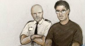 Court artist sketch of Nicholas Prosper and a police officer